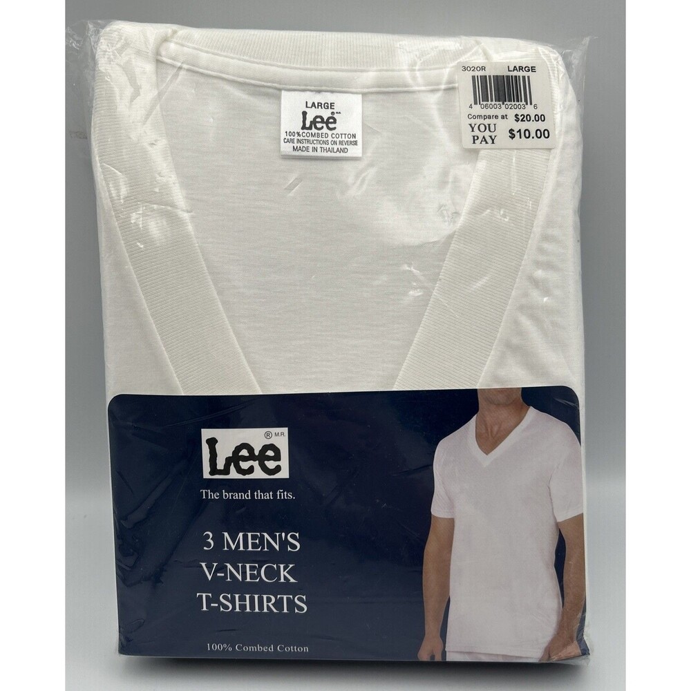 Vintage Lee Men’s L 3-Pack White Cotton Jersey V-Neck Short Sleeve T-Shirts